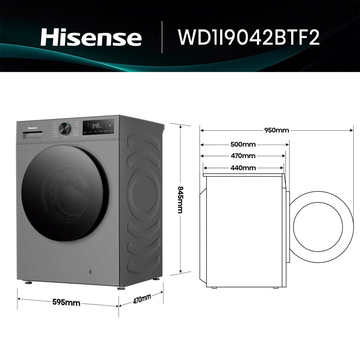 Lavadora secadora Hisense, 9 kg/1400 rpm con tecnología Inverter - WD1I9042BTF2 Gris oscuro-2