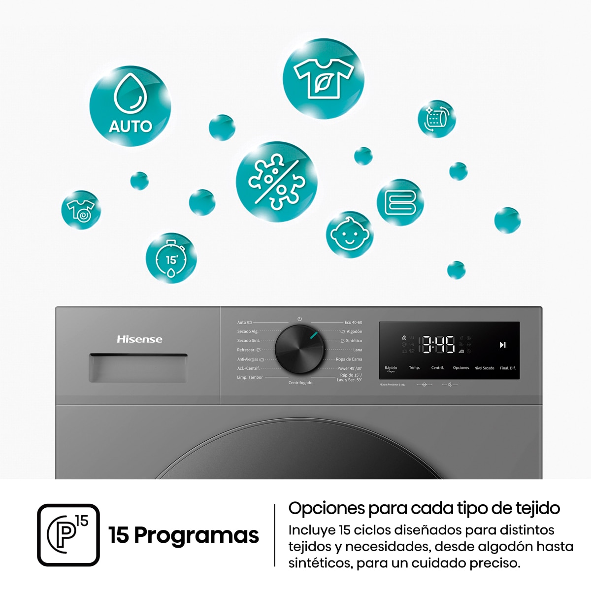 Lavadora secadora Hisense, 9 kg/1400 rpm con tecnología Inverter - WD1I9042BTF2 Gris oscuro-14
