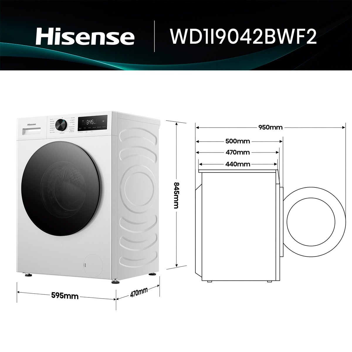 Imagen 3 de Lavadora secadora Hisense, 9 kg/1400 rpm con tecnología Inverter - WD1I9042BWF2 - Blanco Blanco