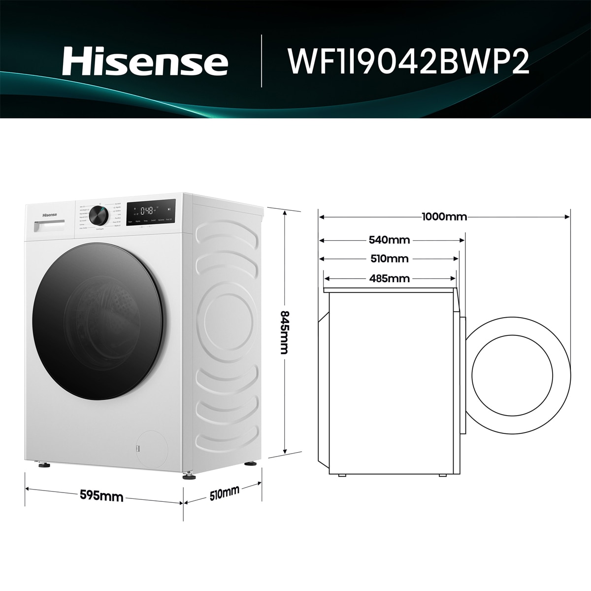 Lavadora Hisense, 9 Kg/1400 rpm con tecnología Inverter- WF1I9042BWP2 Blanco-2