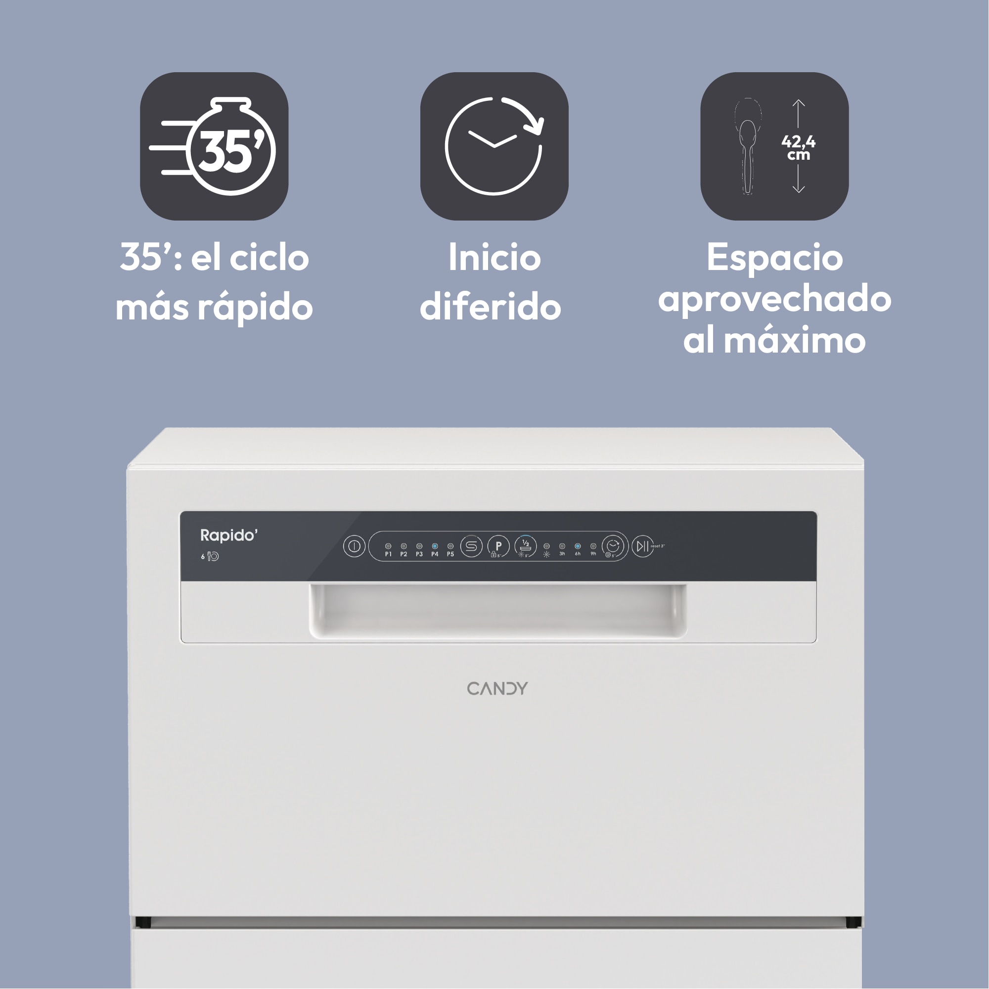Lavavajillas compacto Candy 6 servicios, 45 cm -CP 6E51LW Blanco-6