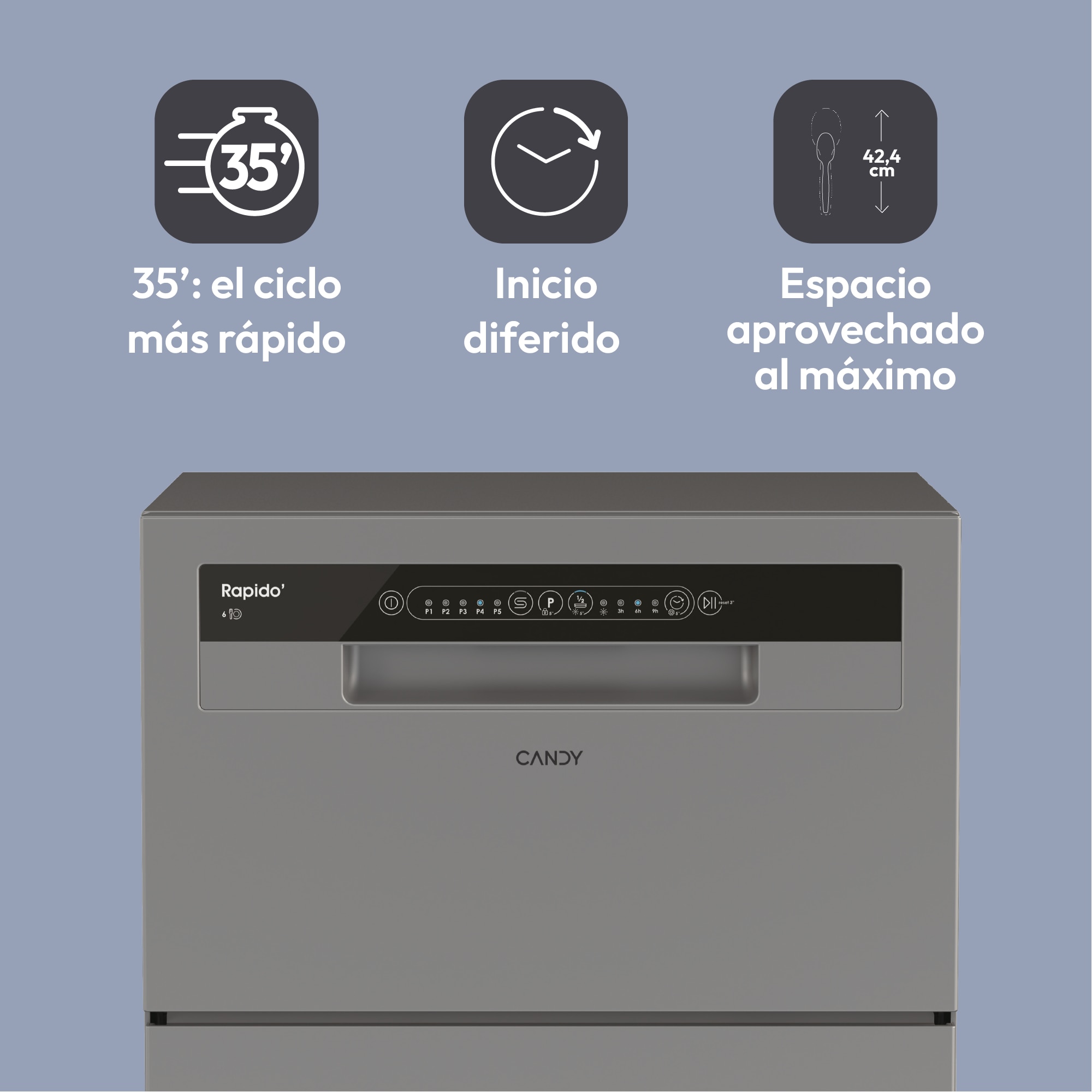 Lavavajillas compacto Candy 6 servicios, 45 cm -CP 6E51LS Inox-6