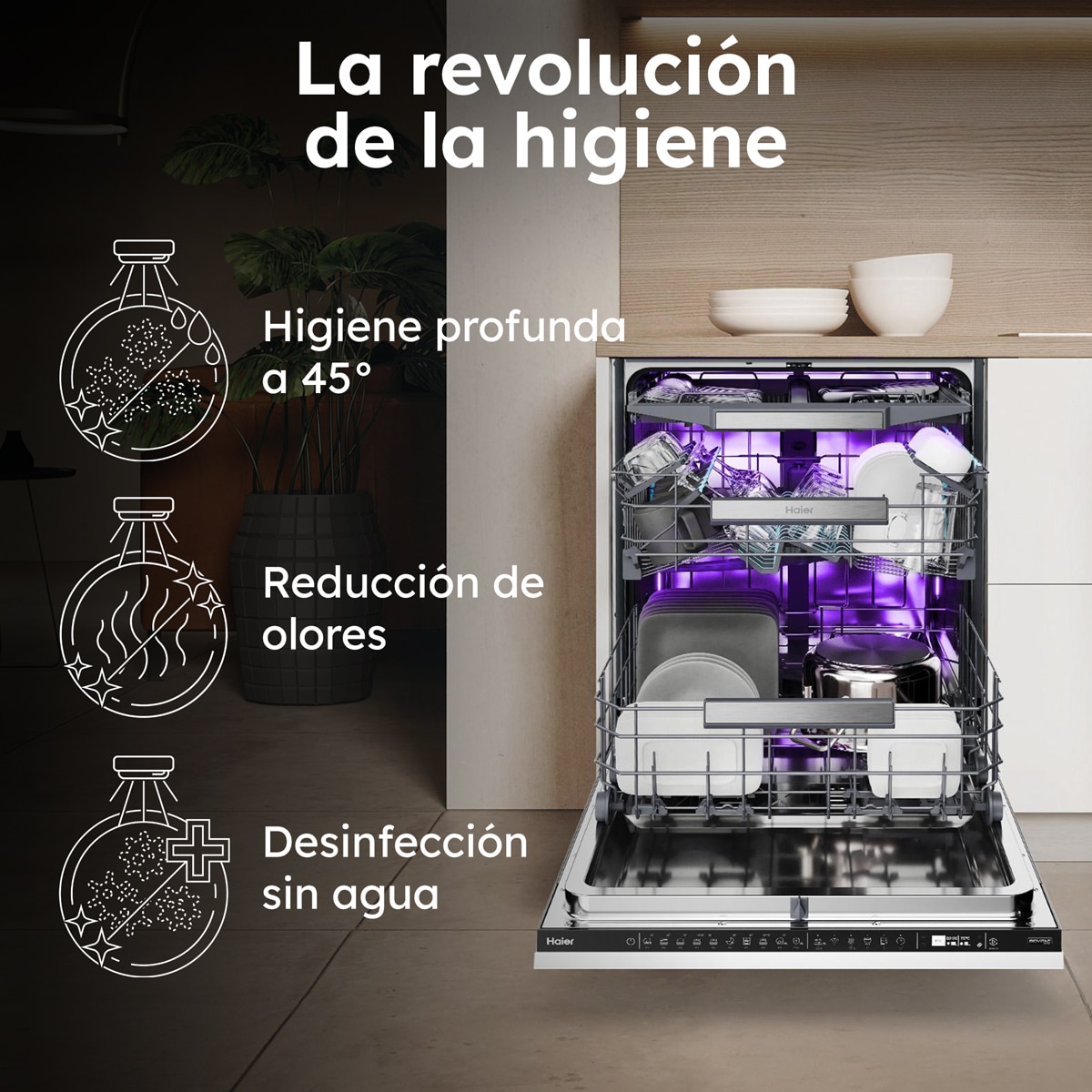 Lavavajillas Haier 16 Servicios, 3º bandeja, 60 cm, limpieza UV, I-Pro Shine Biovitae - XF 6B2M3BX - Inox Inox-6