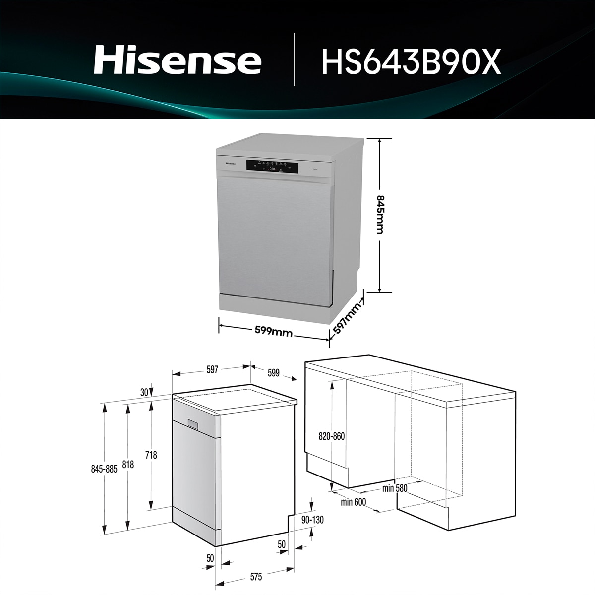 Lavavajillas Hisense 15 servicios, Tercera bandeja, 60 cm - HS643B90X Inox-2