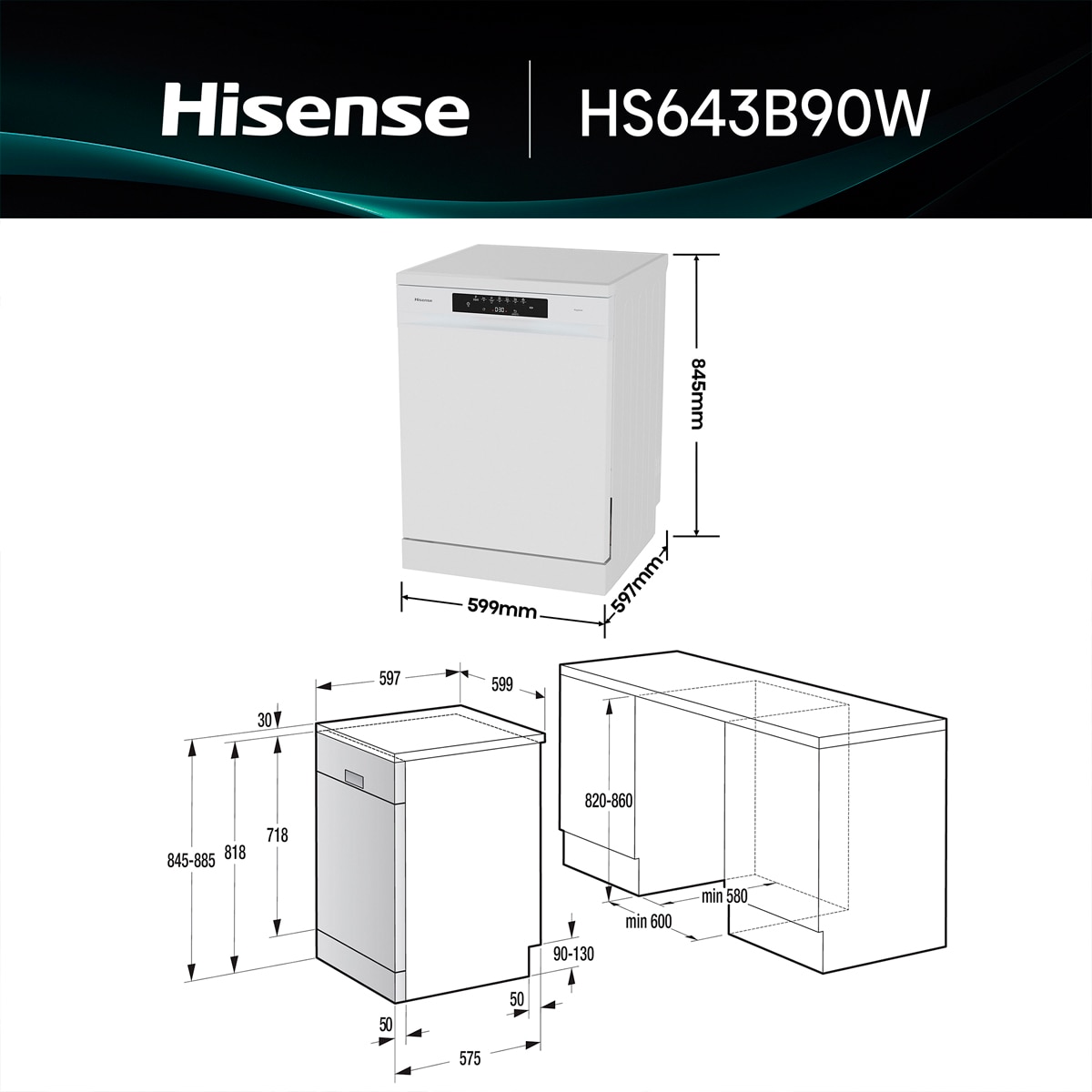 Lavavajillas Hisense 15 servicios, Tercera bandeja, 60Cm - HS643B90W Blanco-2