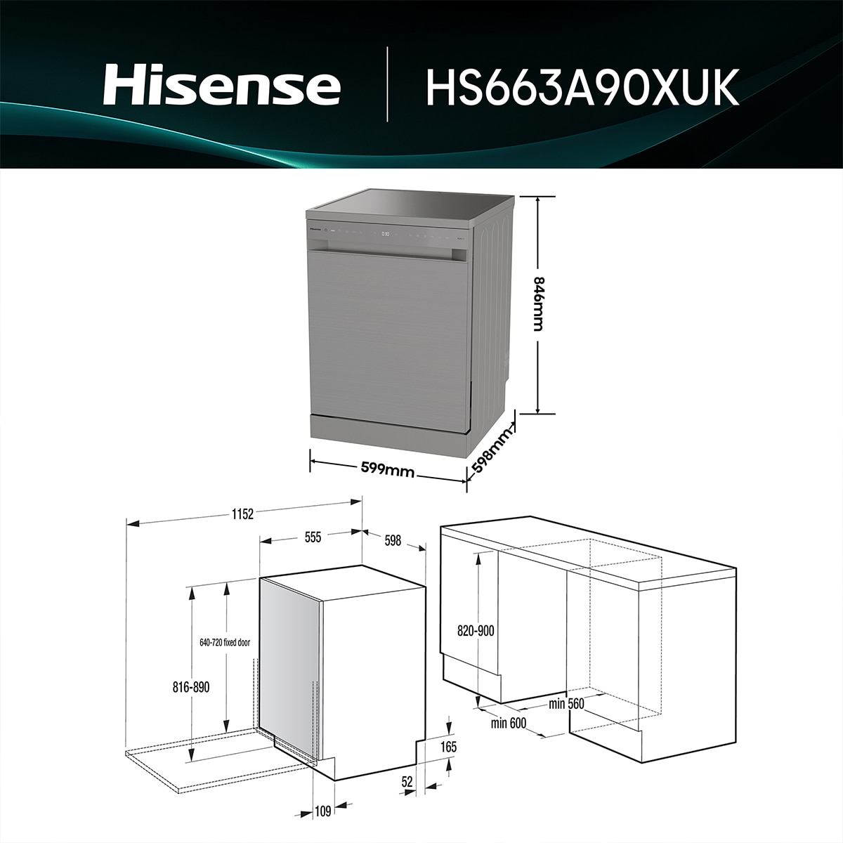 Lavavajillas Hisense 16 servicios, 8 programas, 60 cm- HS663A90XUK 2
