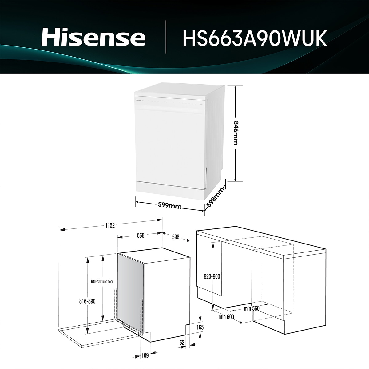 Lavavajillas Hisense 16 servicios, 8 programas, 60 cm - HS663A90WUK 2