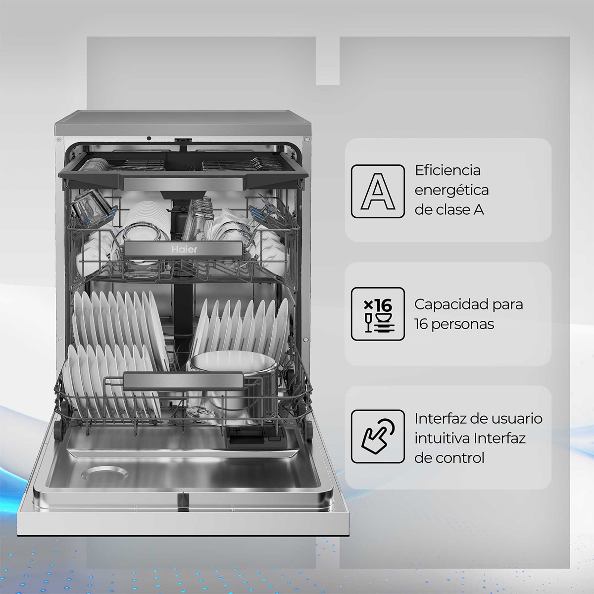 Imagen 4 de Lavavajillas Haier 16 servicios, 3ª bandeja, 60 cm - XF 6C4F1X - Inox Inox
