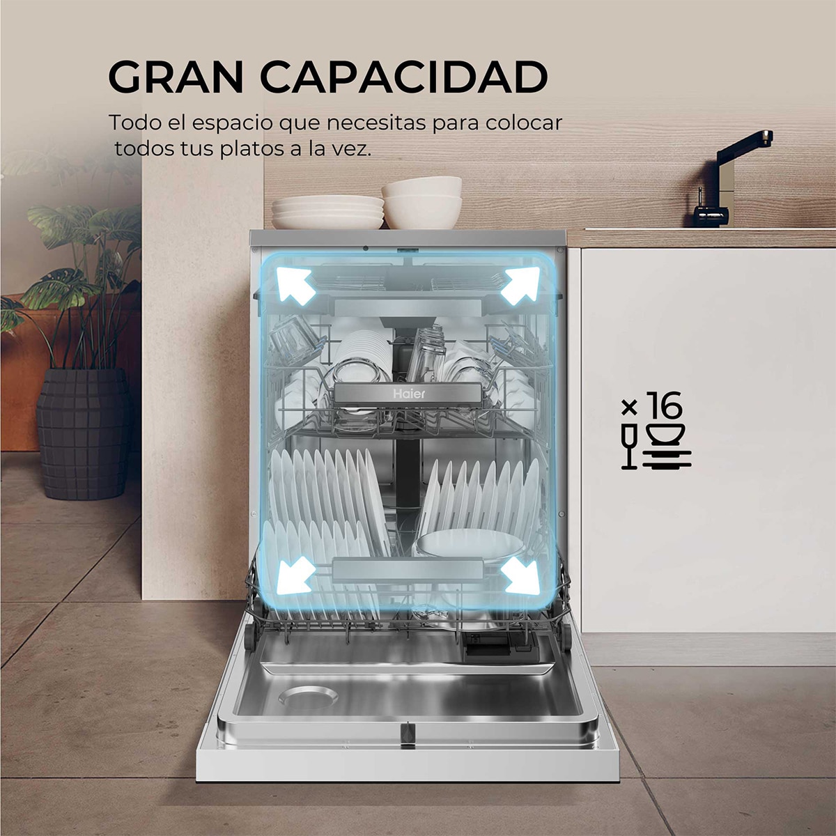 Imagen 6 de Lavavajillas Haier 16 servicios, 3ª bandeja, 60 cm - XF 6C4F1X - Inox Inox