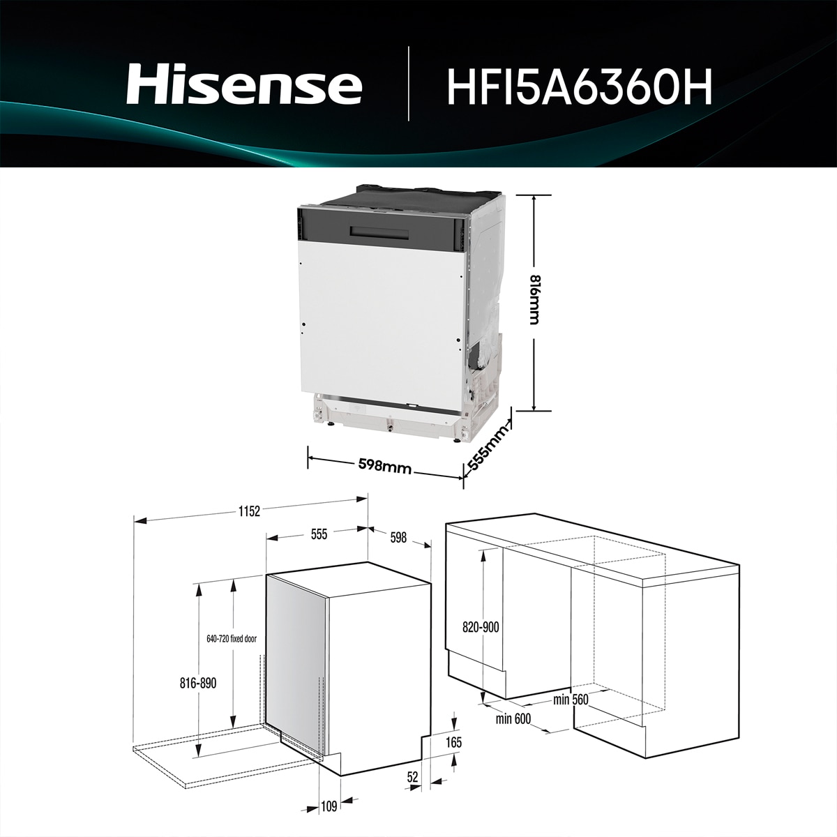 Lavavajillas integrable Hisense 16 servicios ,Tercera bandeja, 60 cm - HFI5A6360H 2