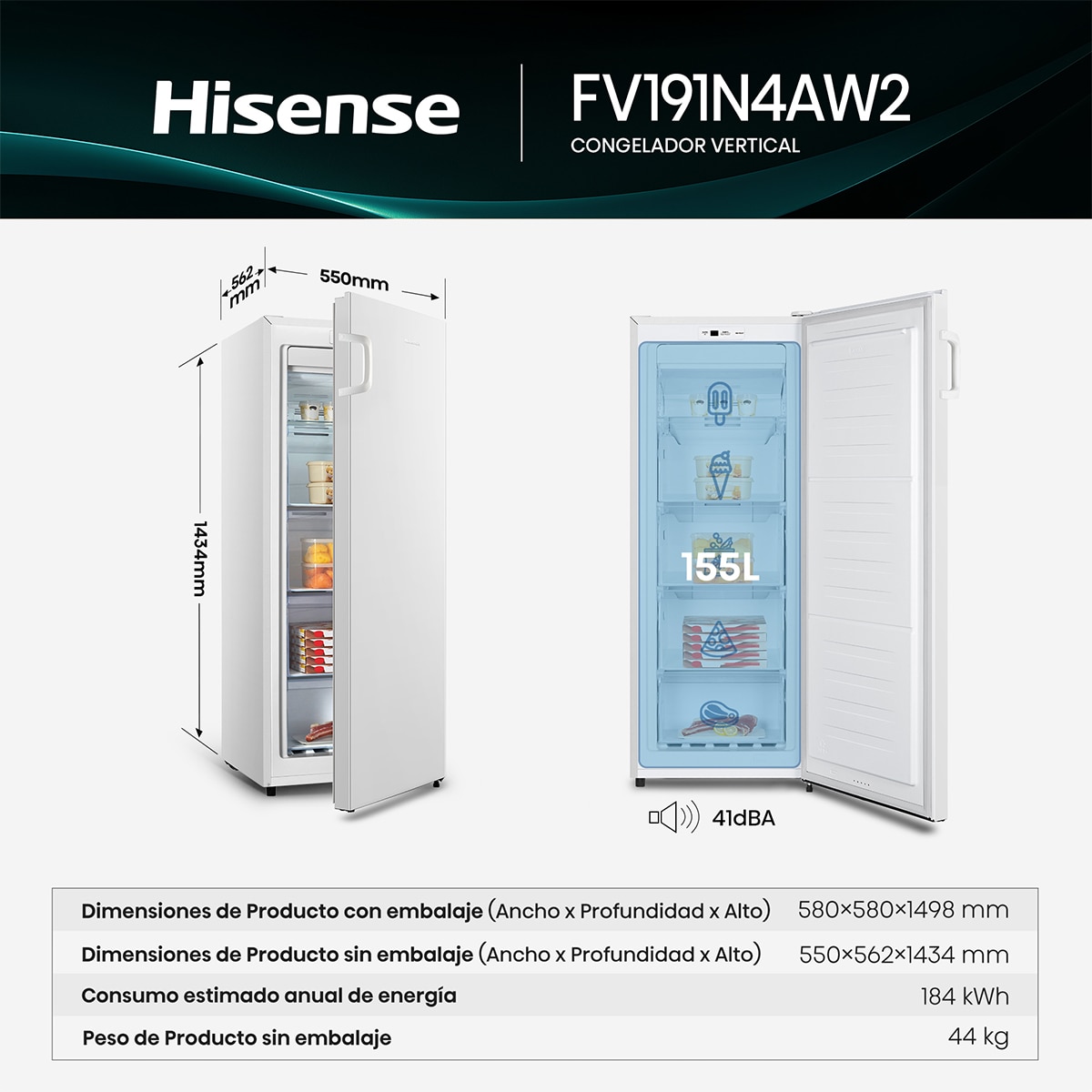 Imagen 2 de Congelador vertical Hisense No frost, Multi Airflow - FV191N4AW2 - Blanco Blanco