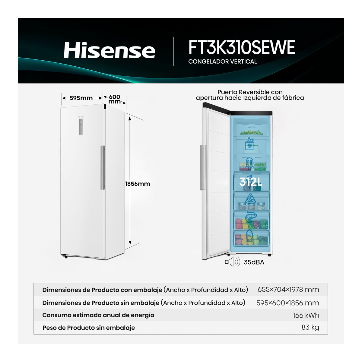 Thumbnail 1 de Hisense FT3K310SEWE Congelador Vertical No Frost 🔷