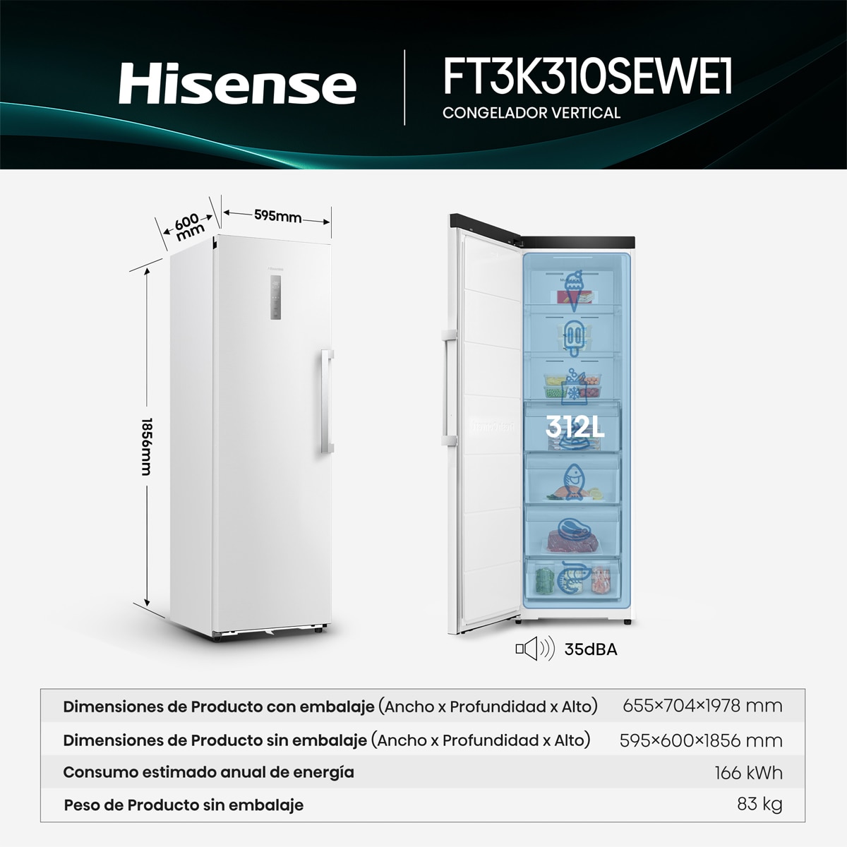 Congelador 1 puerta Hisense  Kitchen Fit, Total No Frost - FT3K310SEWE1 Blanco-3