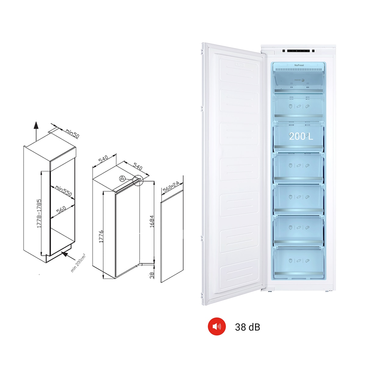Arca Congeladora Vertical Encastrável Fagor 3CIB-1725 No Frost e de 177,6 cm - Branco Branco-2