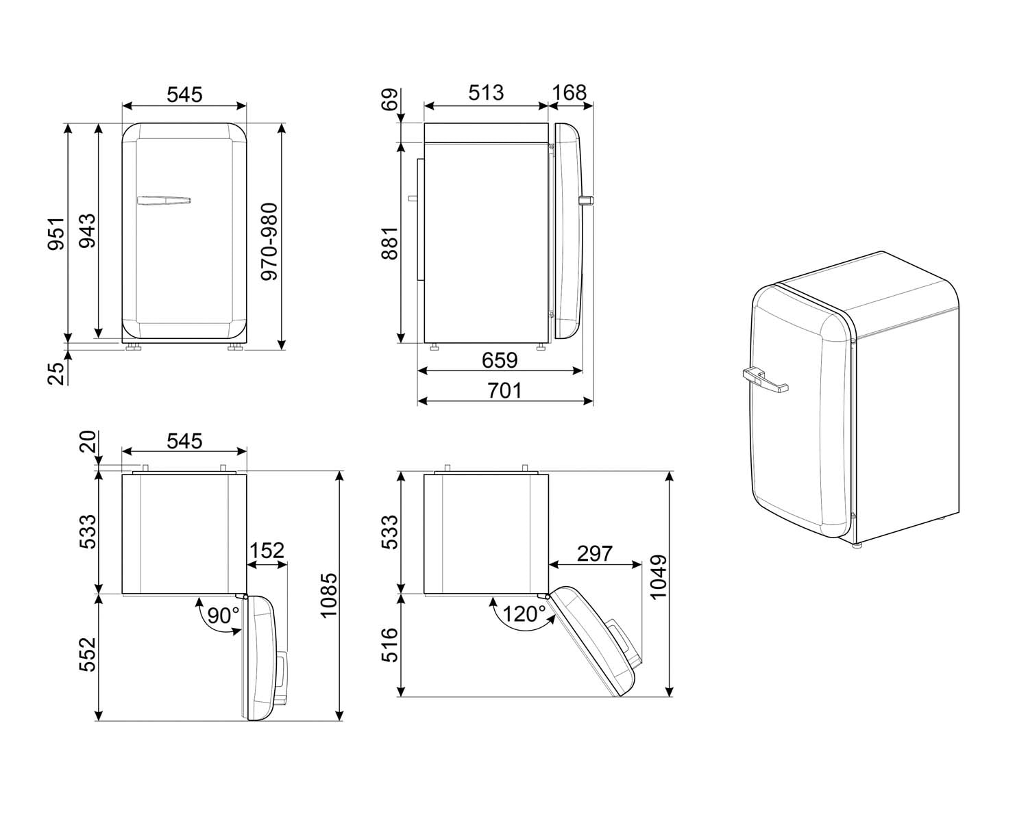 Frigorífico de 1 Porta Smeg Anni 50 FAB10RBL6 Estático com Dobradiças à Direita e de 97 cm - Preto Polido Preto-4