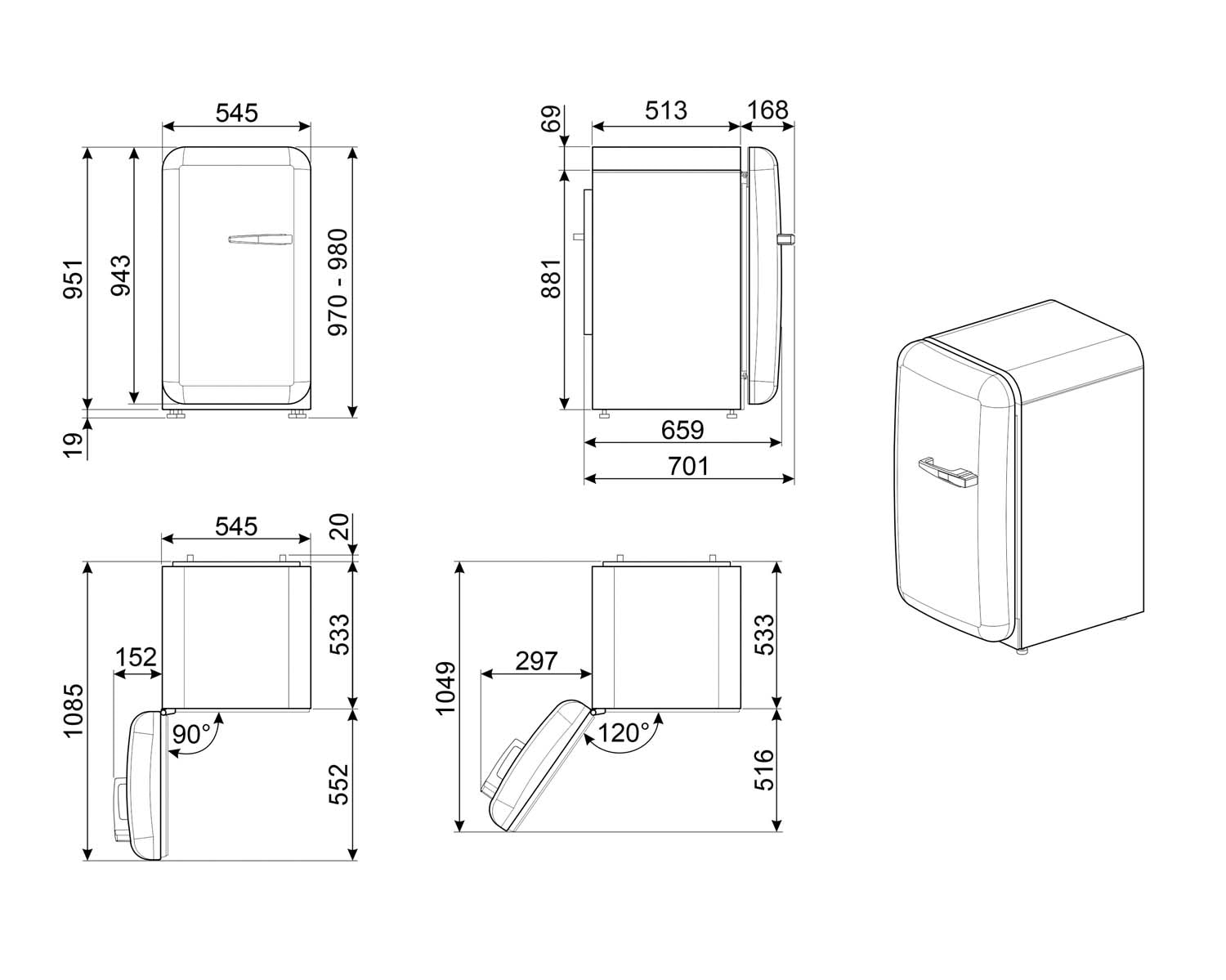 Frigorífico de 1 Porta Smeg FAB10LCR6 Estático com Dobradiças à Esquerda e de 97 cm - Creme Polido Creme-3