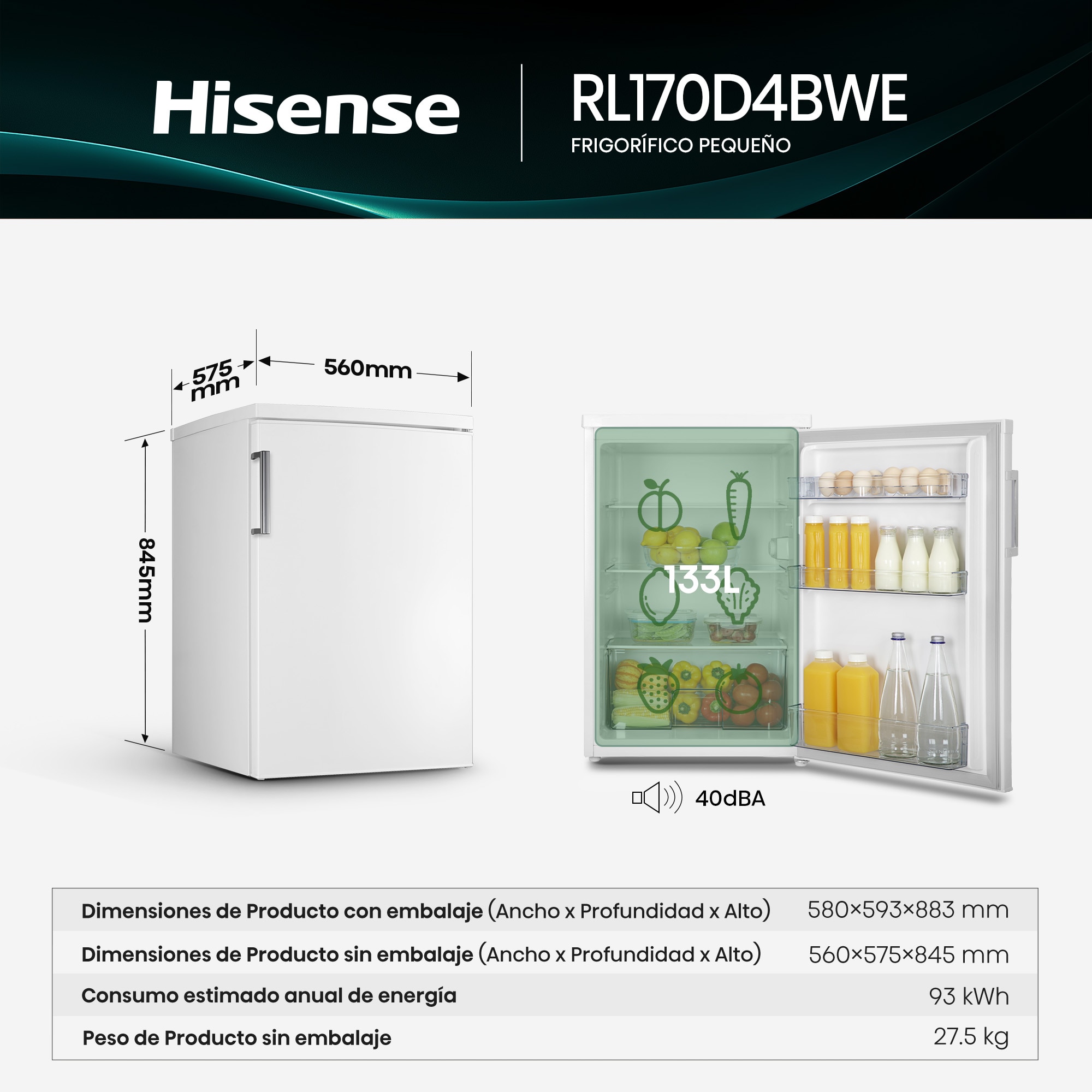 Frigorífico 1 puerta Hisense cíclico Defrost - RL170D4BWE Blanco-2