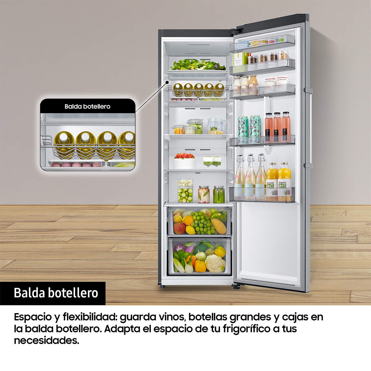 Frigorífico 1 puerta Samsung con IA 186cm Balda Botellero 387L Clase E Inox RR39C7BH5S9/EF Inox-7
