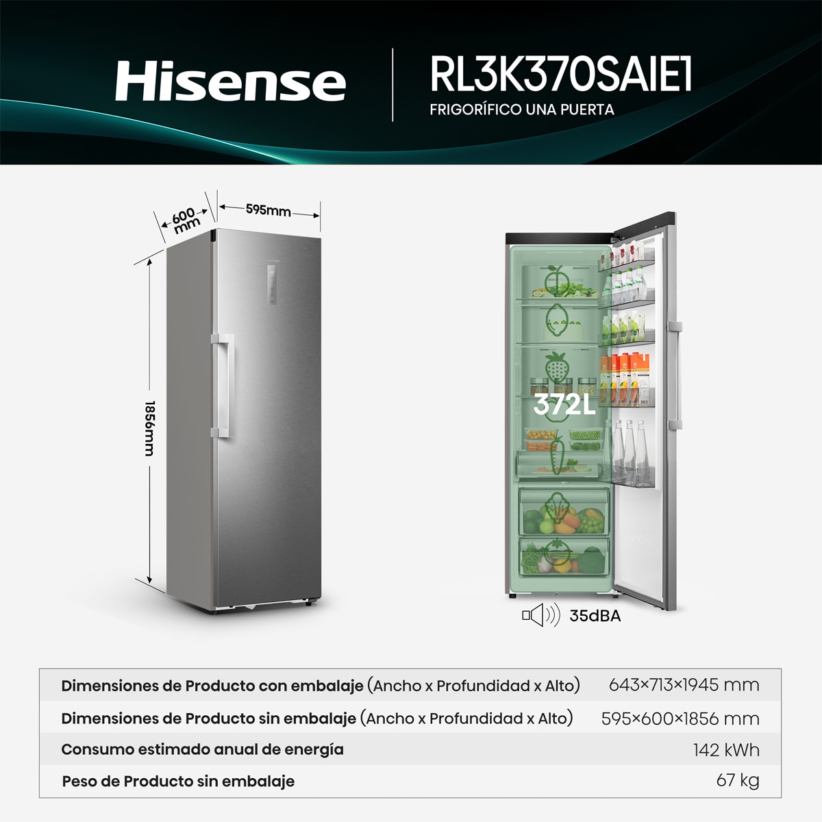 Frigorífico 1 puerta Hisense Kitchen Fit, Total No Frost - RL3K370SAIE1 Inox-3
