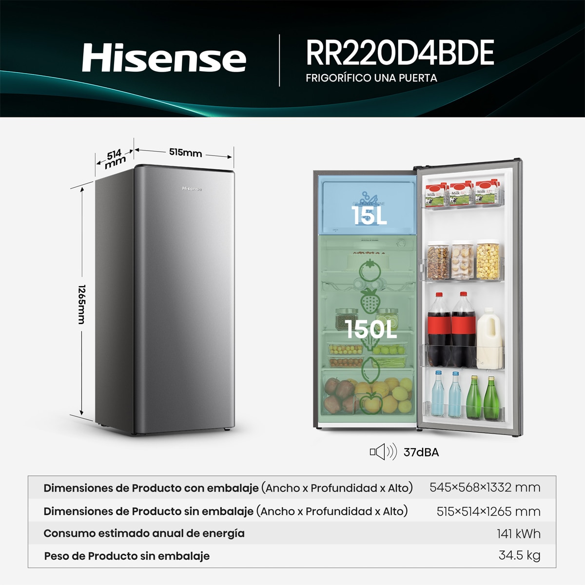 Frigorífico 1 puerta Hisense - RR220D4BDE Inox-2