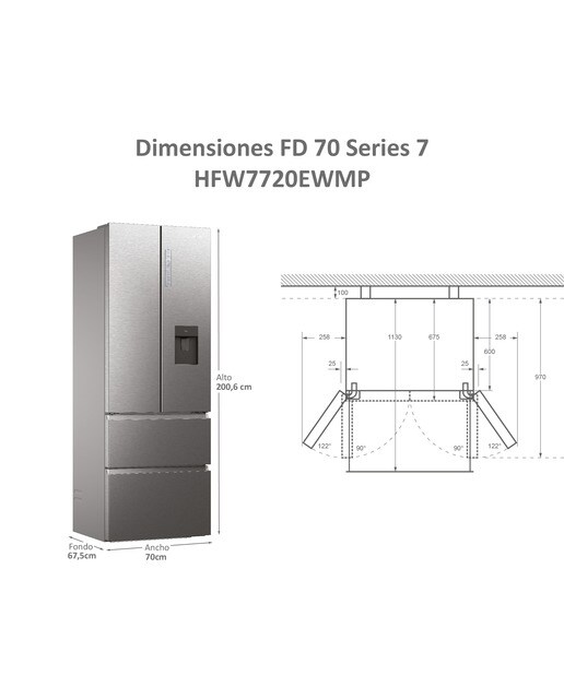 Frigorífico Americano Haier FD 70 Series 7 HFW7720EWMP de 4 Portas, No Frost, Wifi, com Dispensador e de 200,6 cm - Cinzento Inox-3