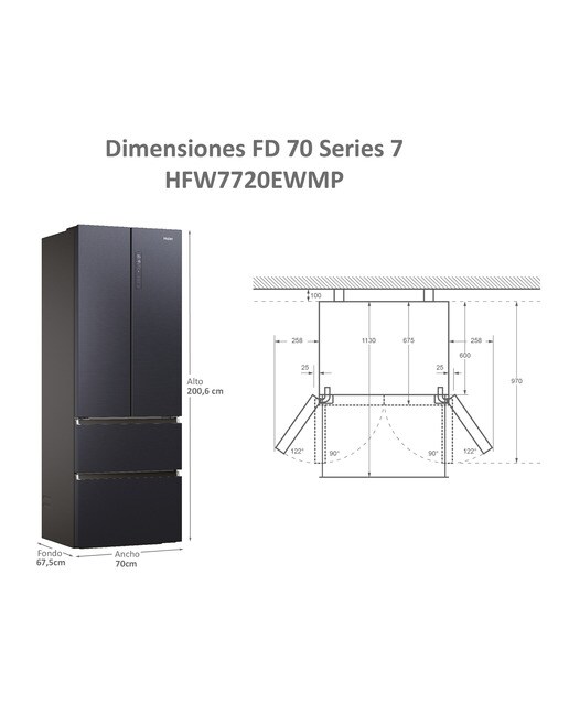 Frigorífico Americano Haier Série 7 HFW7720ENMB de 2 Portas e 2 Gavetas No Frost Wifi Motor Inverter de 200,6 cm - Preto Preto-3
