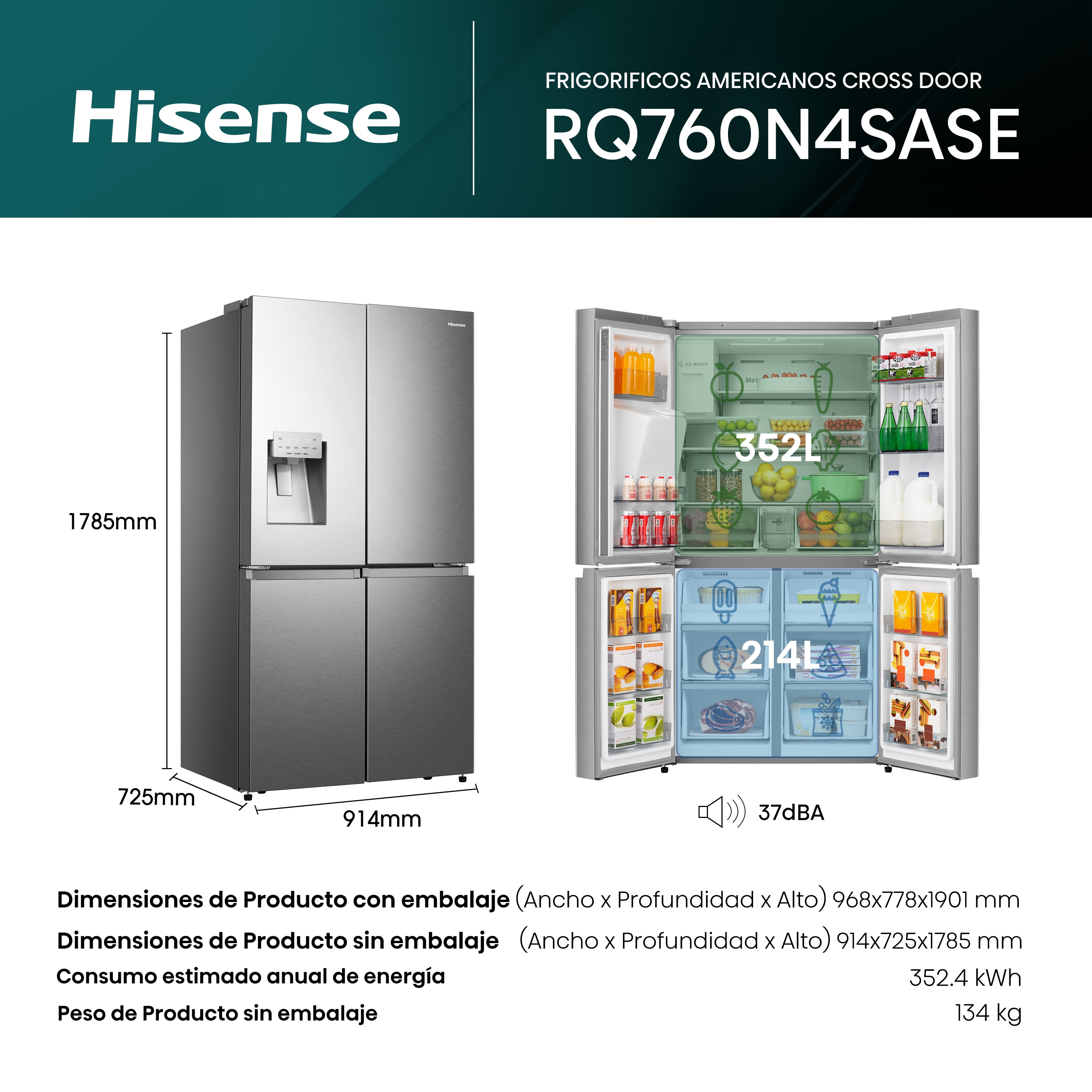 Frigorífico americano Hisense con Dispensador - RQ760N4SASE Acero Inox-3