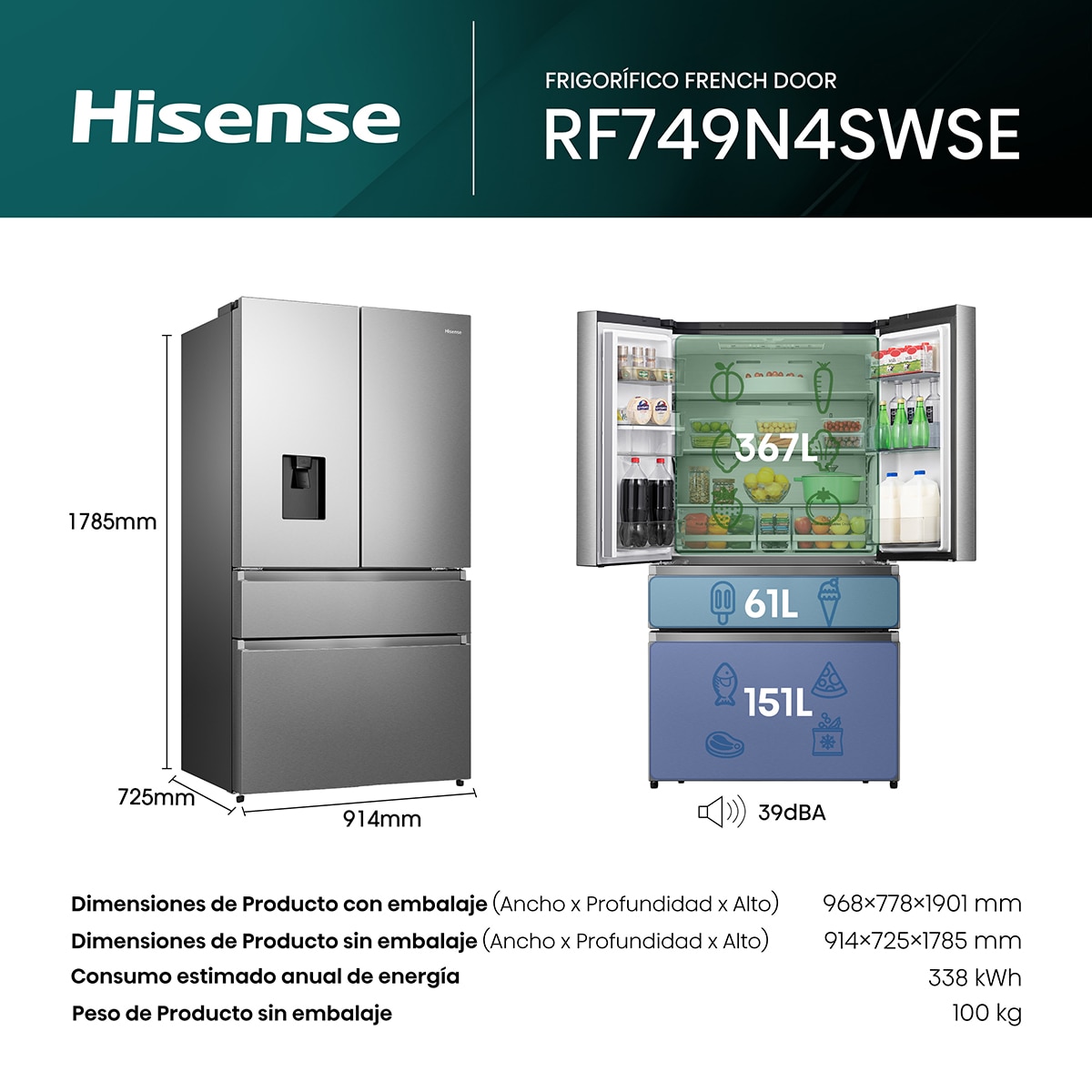 Thumbnail 1 de Hisense RF749N4SWSE frigorífico americano 749 L