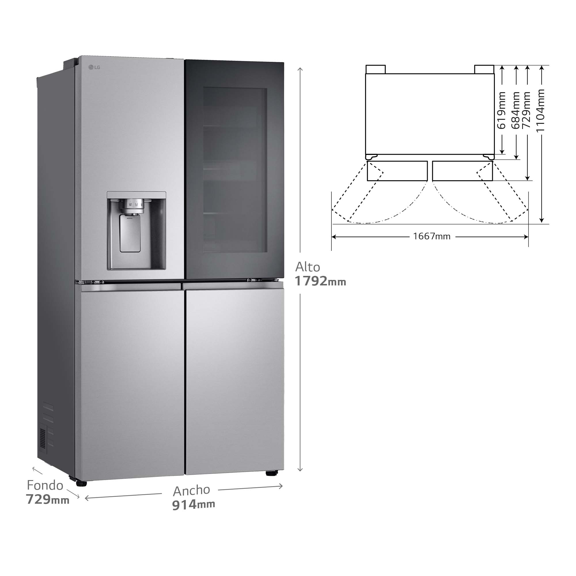 Frigorifico americano LG  Total No Frost, 179,2 cm, 638 l, InstaView, Con dispensador, Inox  - GMG960MBEE Inox-7