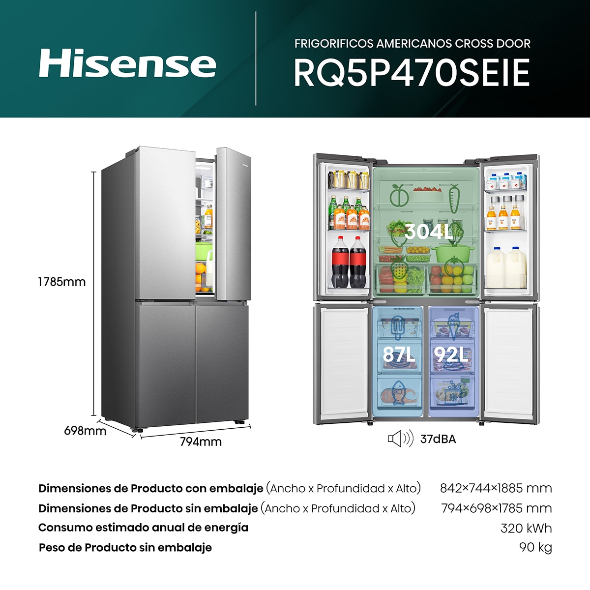 Frigorífico americano Hisense Total No Frost, Wifi - RQ5P470SEIE Inox-2