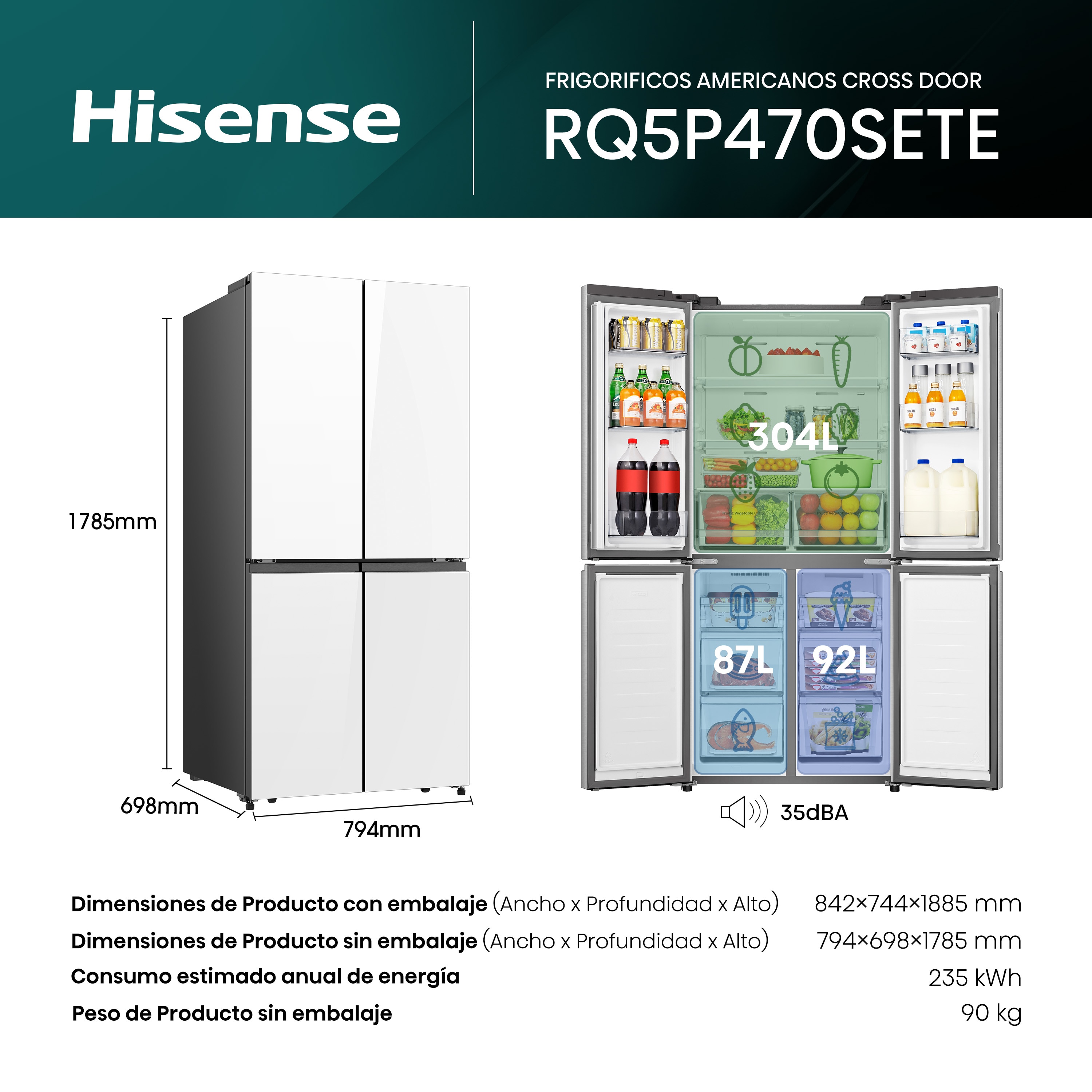 Frigorífico americano Hisense Total No Frost, Wifi - RQ5P470SETE Blanco-2