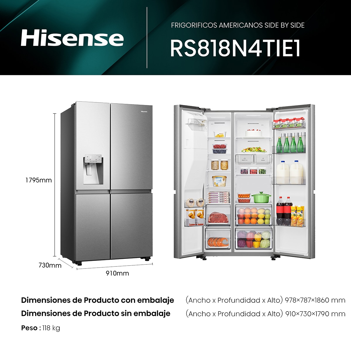 Frigorífico americano Hisense Total No Frost, con dispensador, Wifi - RS818N4TIE1 - Inox Inox-2