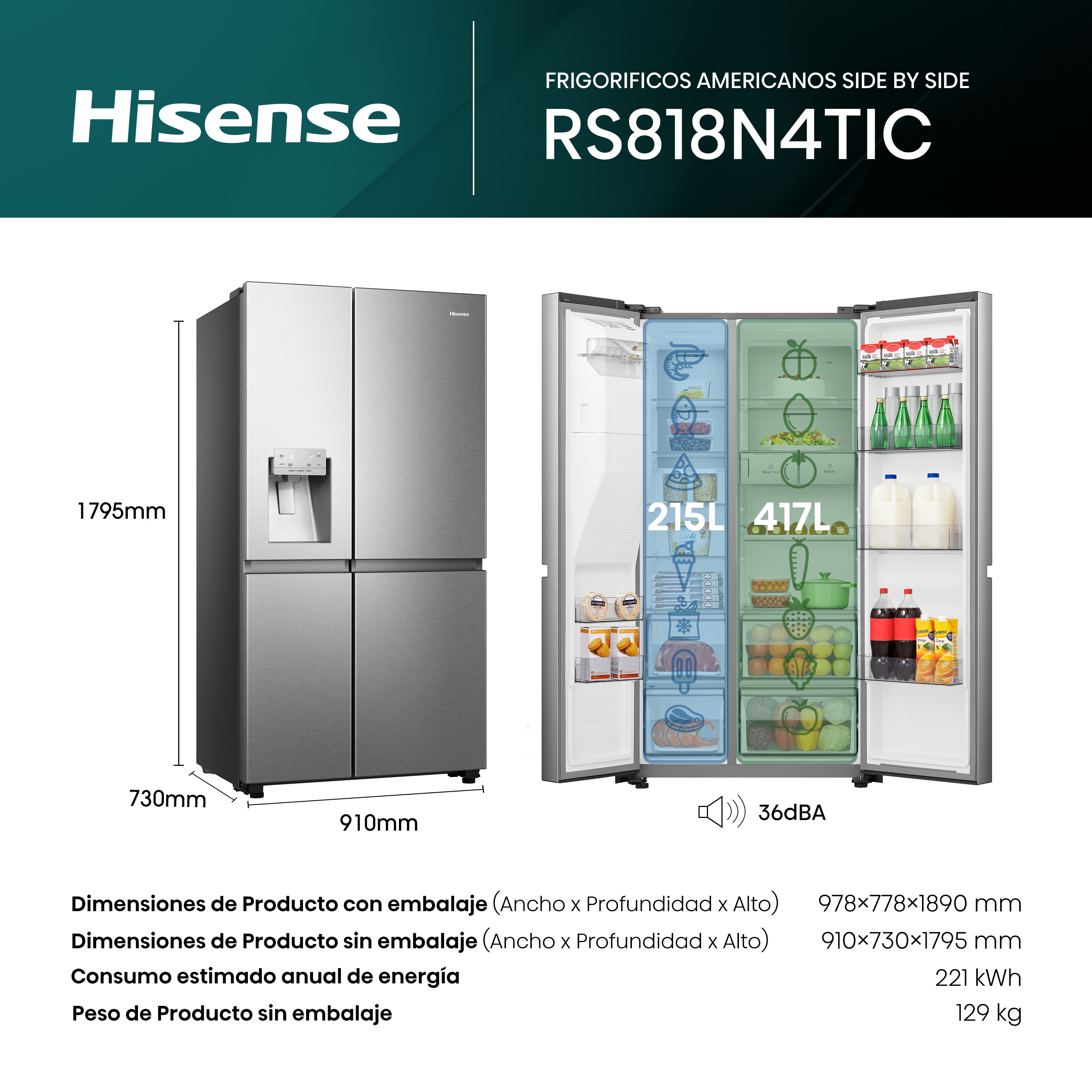 Frigorífico americano Hisense Total No Frost, con dispensador - RS818N4TIC Inox-2