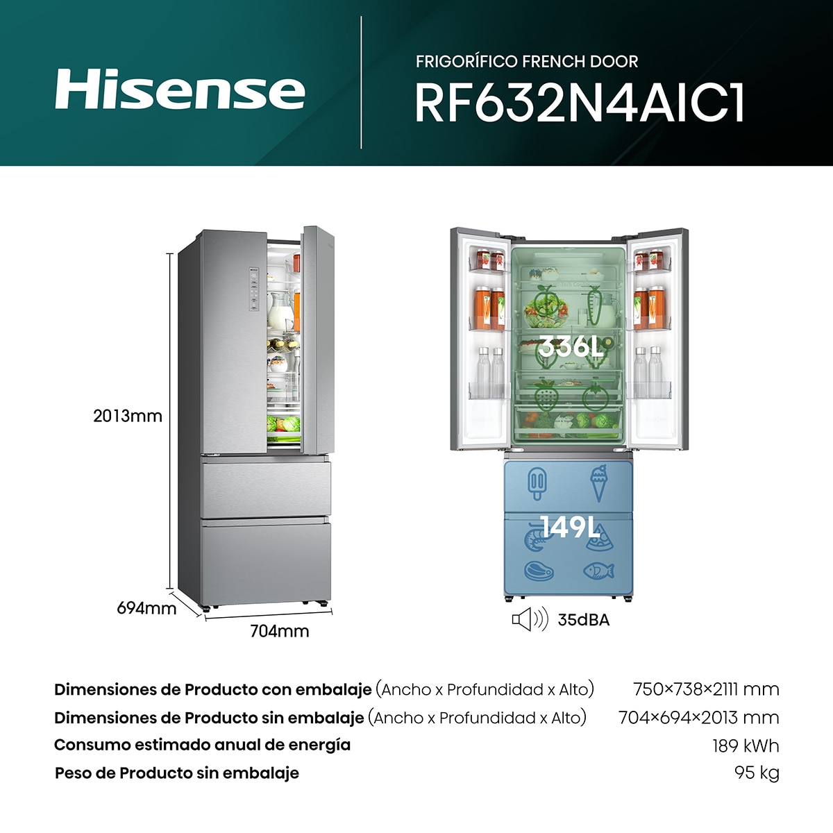 Thumbnail 1 de Hisense RF632N4AIC1 Frigorífico Americano No Frost ❄️