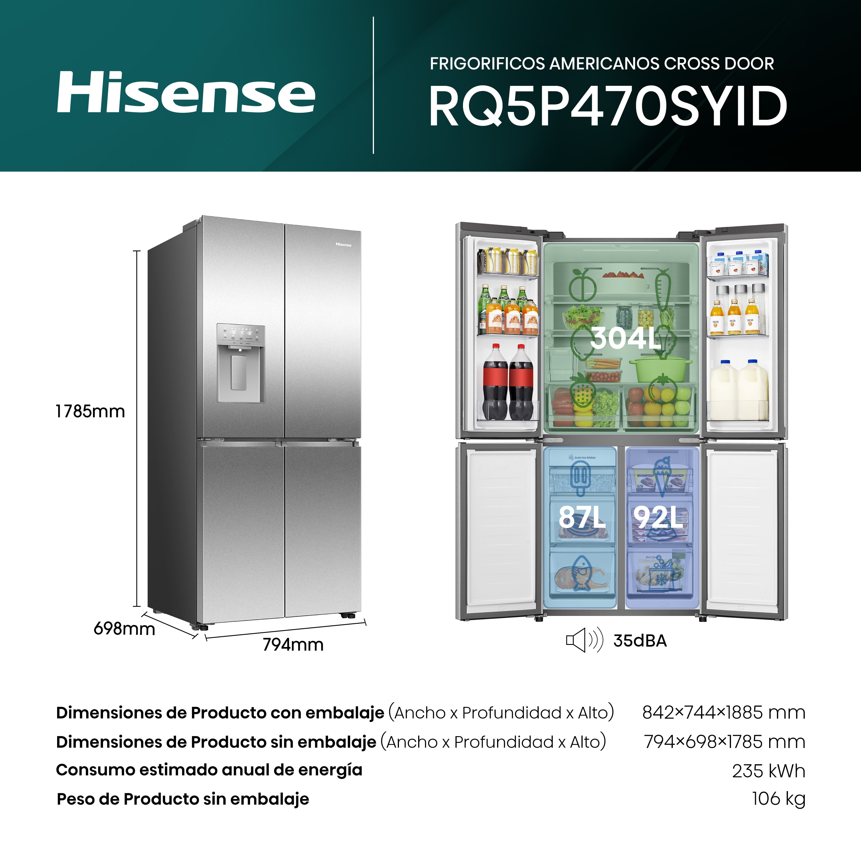 Frigorífico americano Hisense Total No Frost, Cross Door - RQ5P470SYID Inox-3