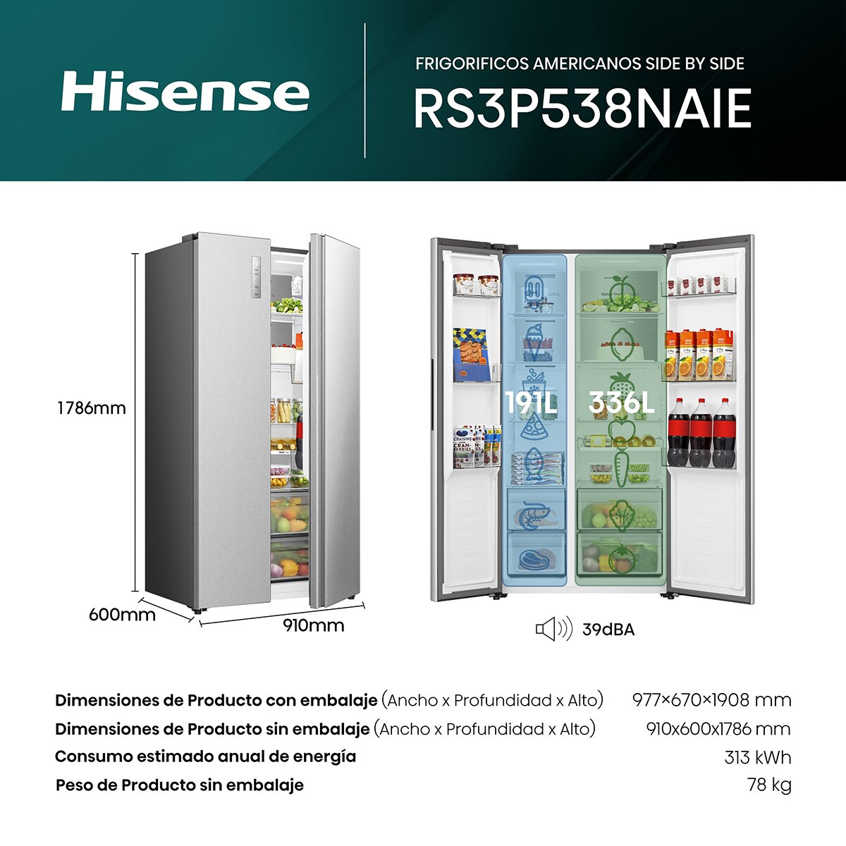 Thumbnail 1 de Hisense RS3P538NAIE Frigorífico Americano No Frost ❄️