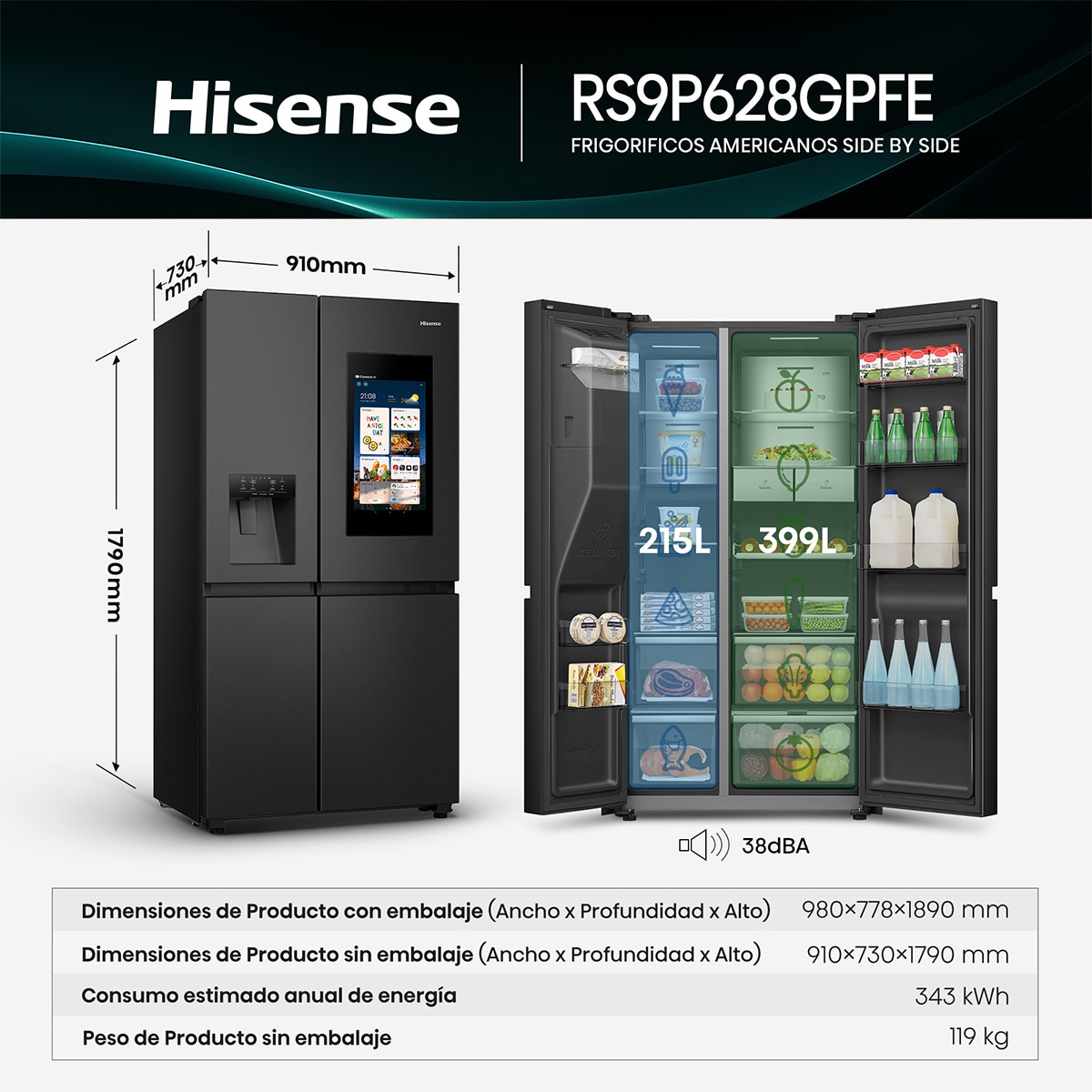 Frigorífico Americano Hisense, Total No Frost, Metal Tech Cooling- RS9P628GPFE - Negro Negro-3