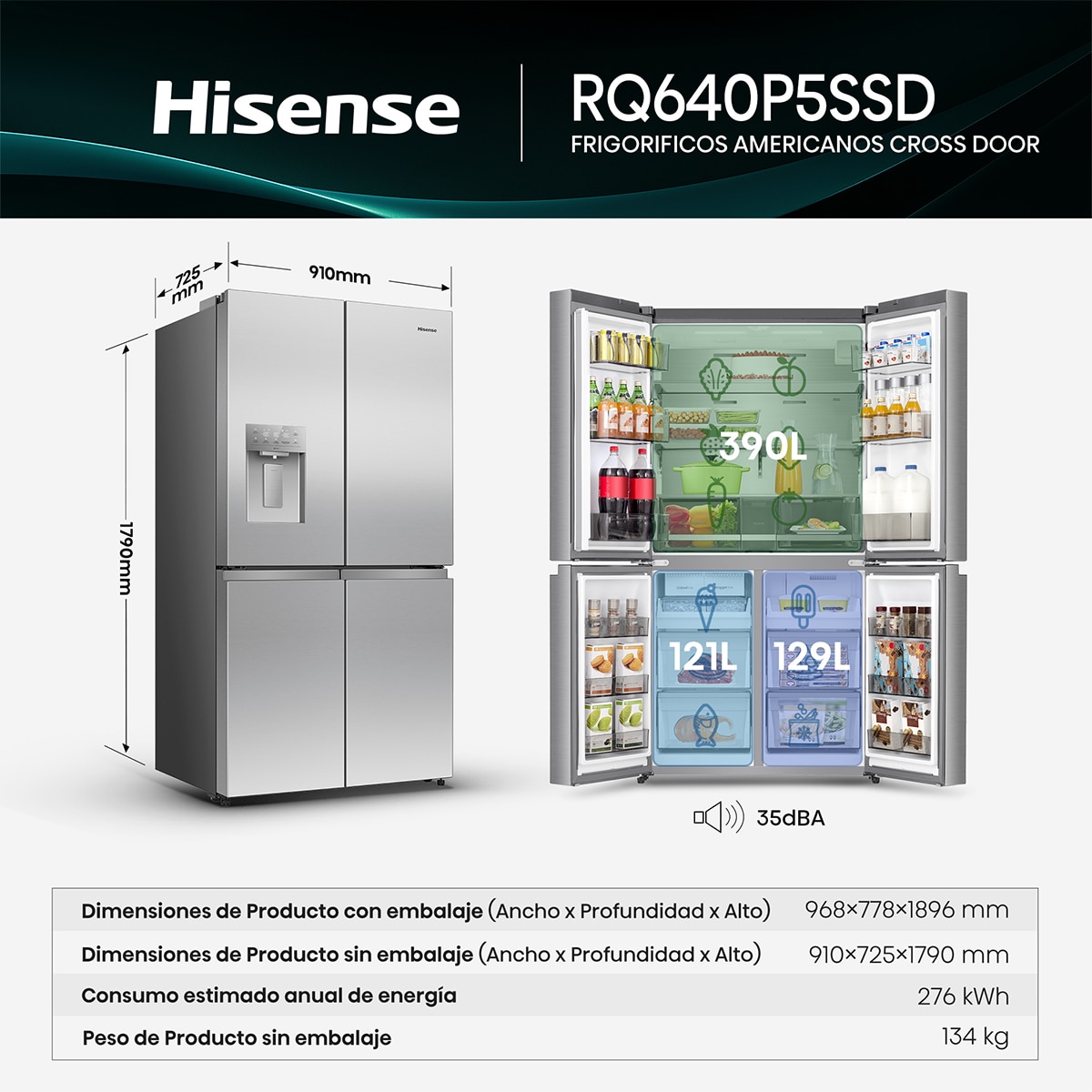 Frigorífico americano Hisense No Frost - RQ640P5SSD Inox-3