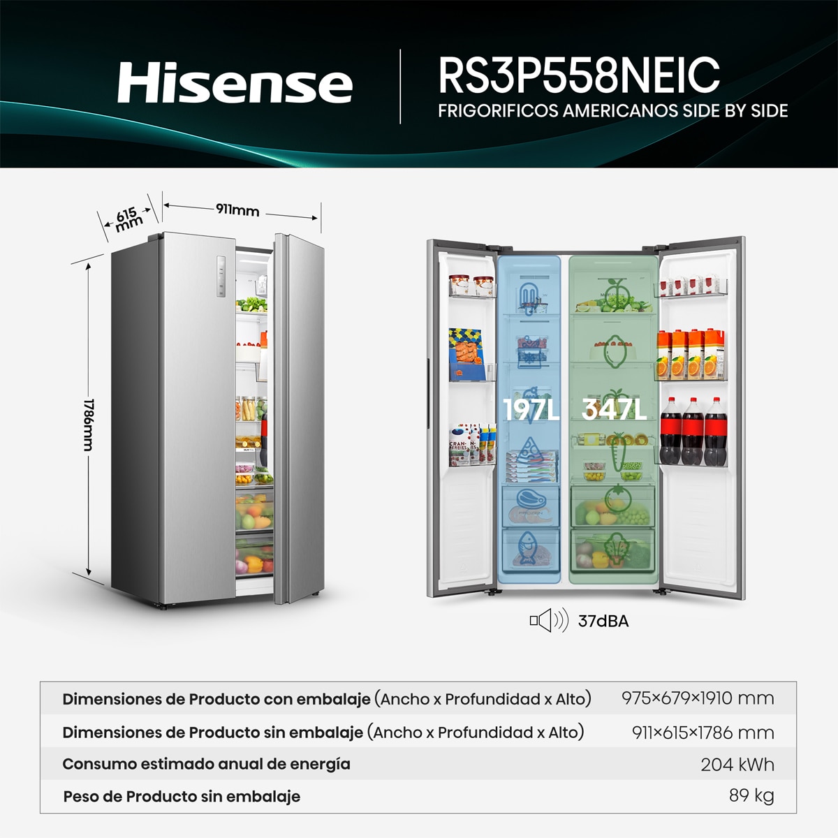 Frigorífico americano Hisense No Frost - RS3P558NEIC Inox-2