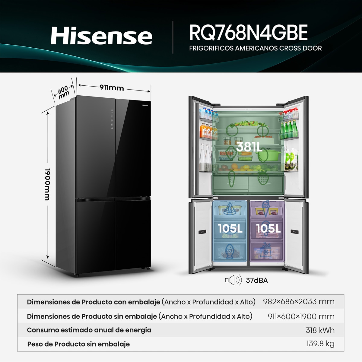 Frigorífico americano Hisense No Frost Serie Kitchen FIT - RQ768N4GBE Cristal negro-3