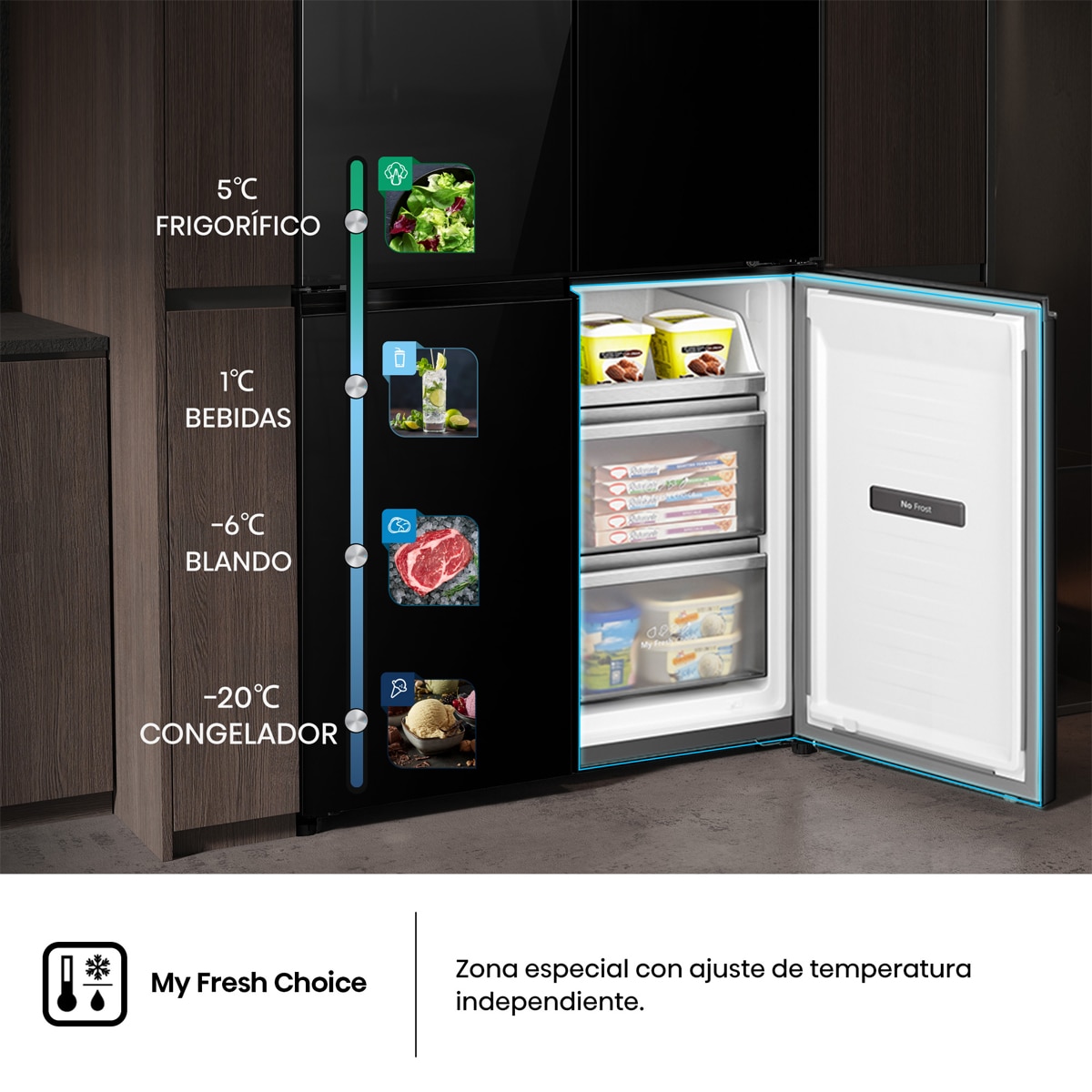 Frigorífico americano Hisense No Frost Serie Kitchen FIT - RQ768N4GBE Cristal negro-13
