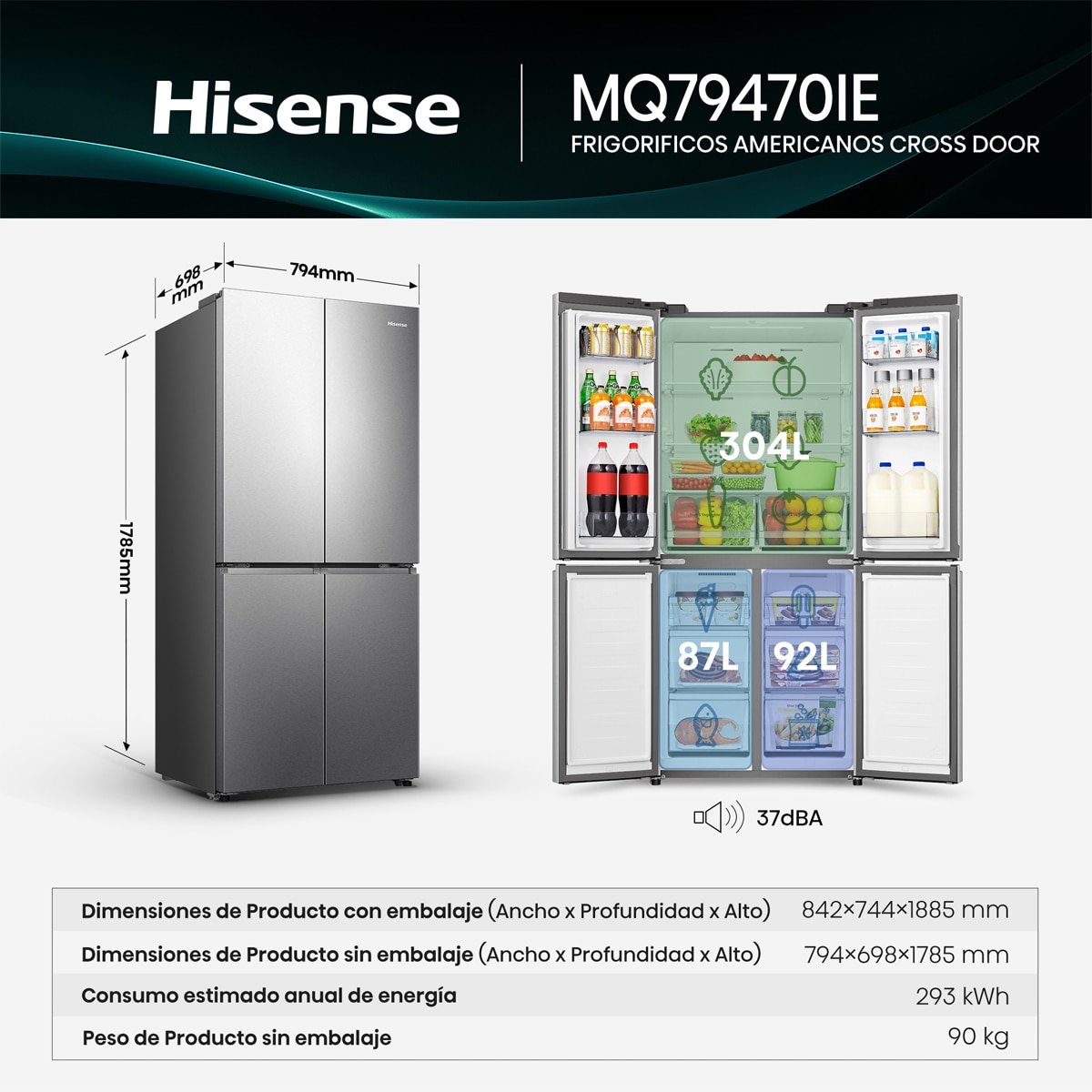 Frigorífico americano Hisense No Frost - MQ79470IE Inox-2