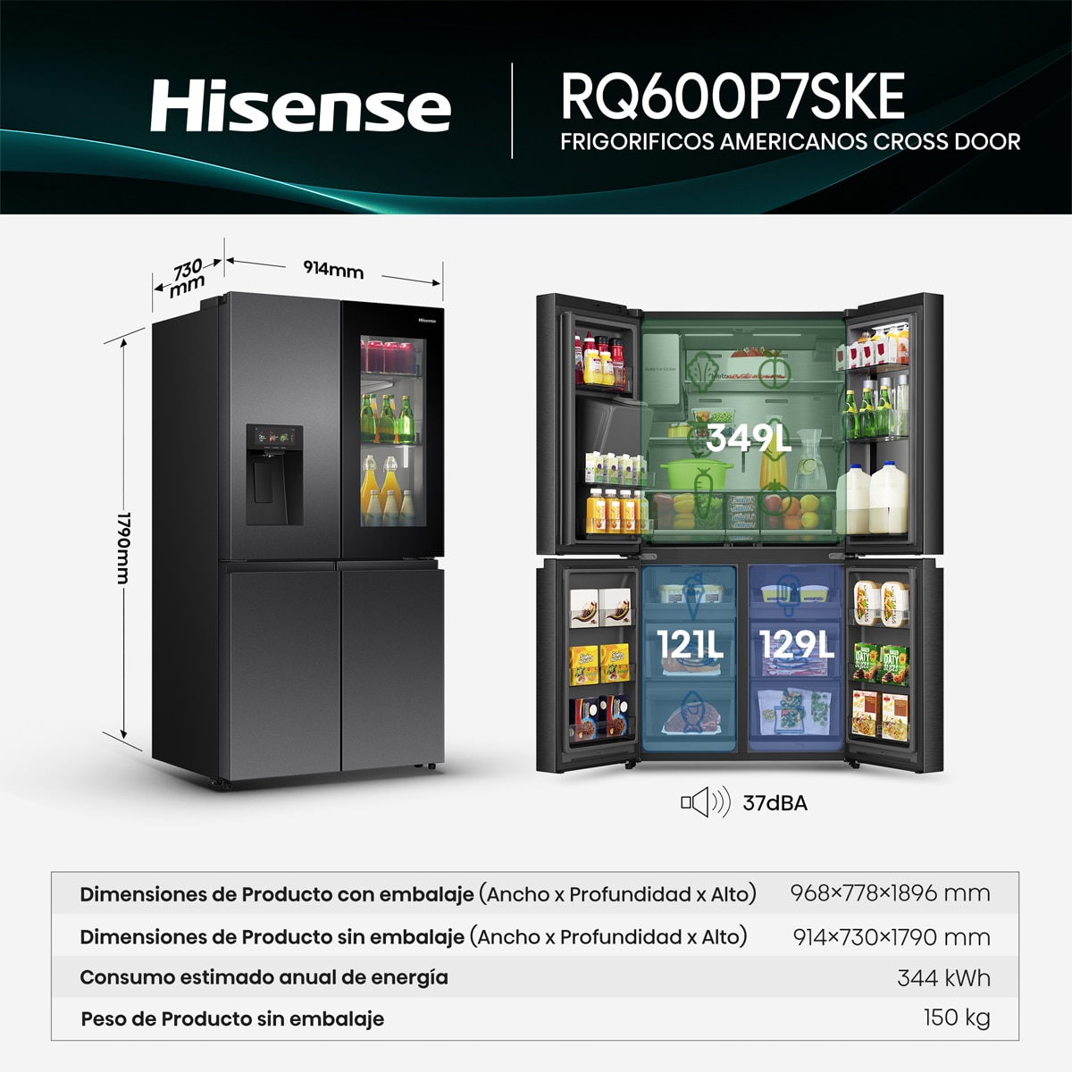 Frigorífico Americano Hisense 4 Puertas, Total No Frost -RQ600P7SKE Negro-3