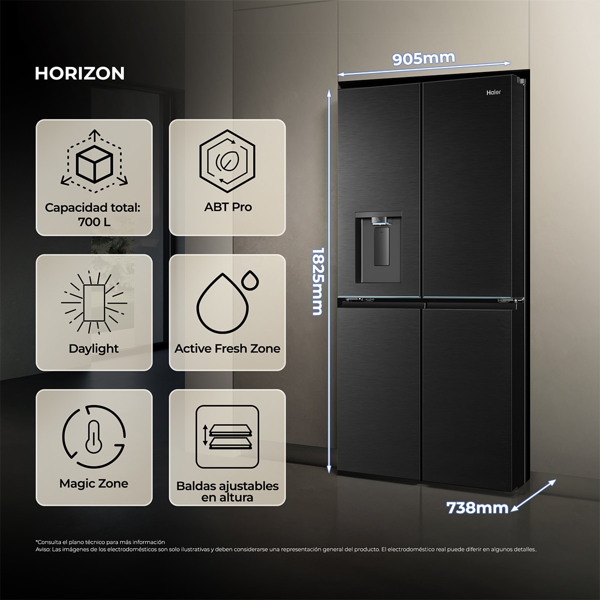 Frigorífico Americano Haier Total No Frost, fabricador de hielo, HORIZON - HCR79F18CHMB Negro-4