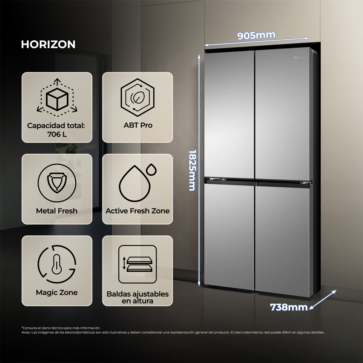 Frigorífico Americano Haier Total No Frost, Metal Fresh, HORIZON - HCR59F18DNMM Inox-4