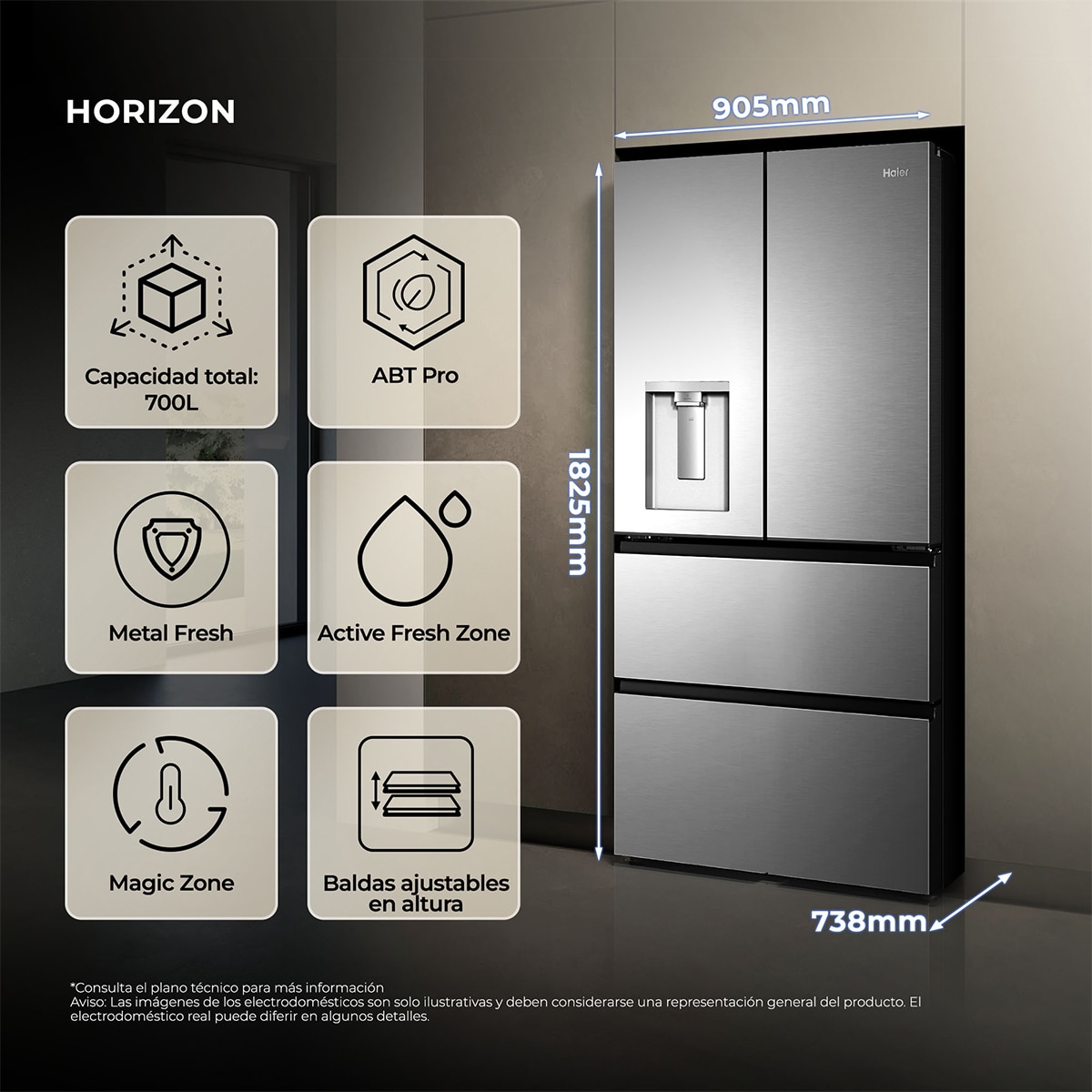 Frigorífico Americano Haier Total No Frost Horizon - HFR59F18CWMM Inox-7