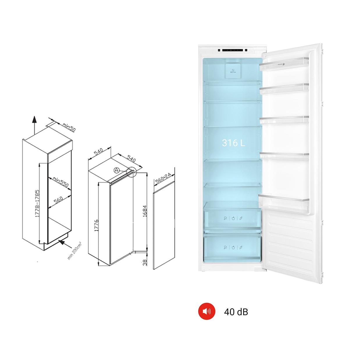 Frigorífico de 1 Porta Encastrável Fagor 3FIB-1725 com Porta Reversível e de 177,6 cm - Branco Branco-2