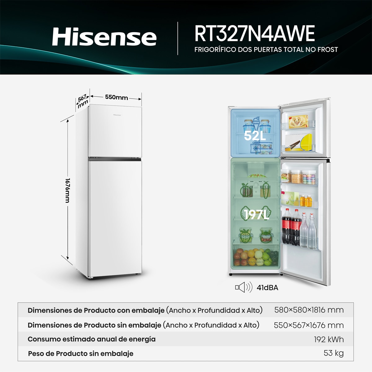 Frigorífico 2 puertas Hisense , Total No Frost - RT327N4AWE Blanco-2
