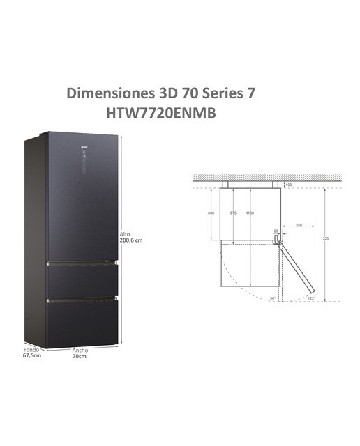 Frigorífico Combinado Haier 3D 70 Série 7 HTW7720ENMB de 3 Portas No Frost Wifi Motor Inverter de 200,6 cm - Preto Grafite-3