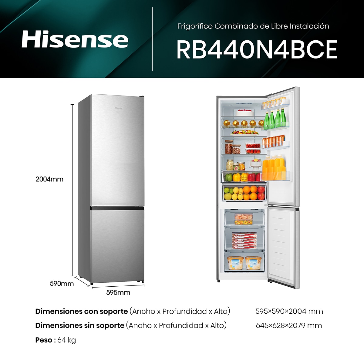 Frigorífico Combi Hisense No Frost - RB440N4BCE Inox-2